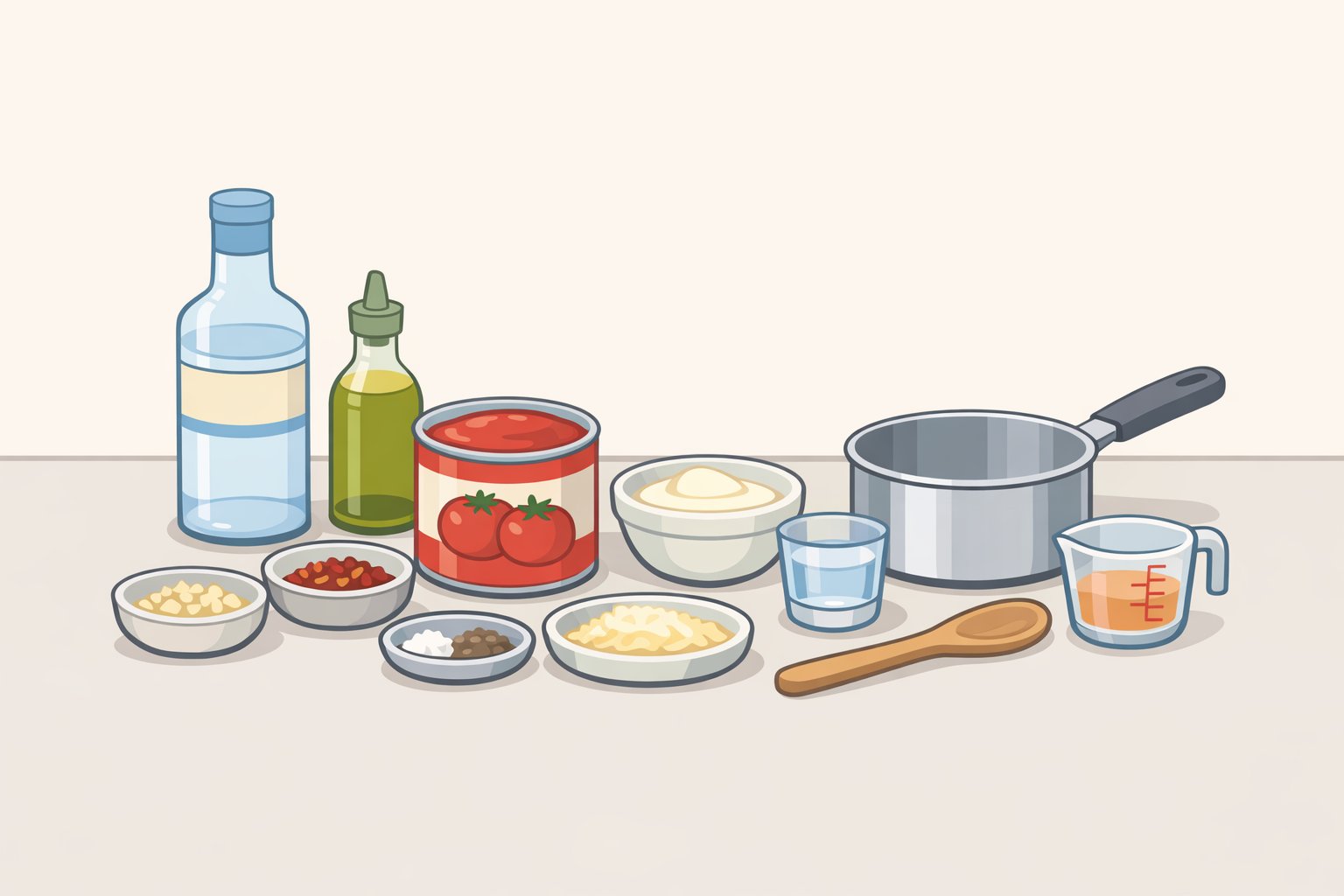 Ingredients list laid out for how to make vodka sauce better than a restaurant: passata, tomato paste, garlic, pancetta, vodka, heavy cream, rigatoni or penne rigate, Grana Padano or Parmigiano-Reggiano, olive oil, butter, red pepper flakes, and salt