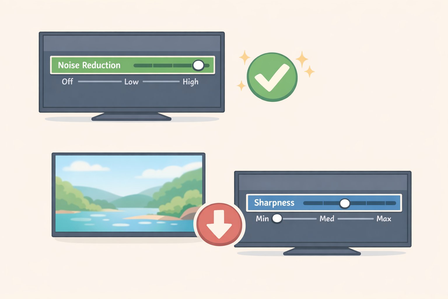 Illustration of TV advanced picture settings with Noise Reduction set to Low or Off and Sharpness reduced until edges look natural