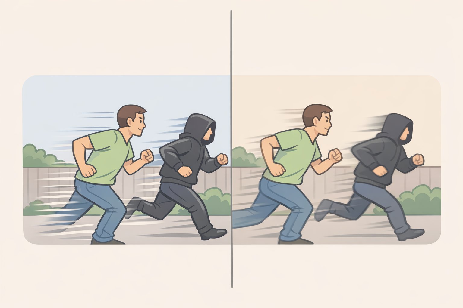 Split-screen illustration comparing a soap opera effect look caused by motion interpolation (overly smooth, glossy motion) versus natural film motion without interpolation
