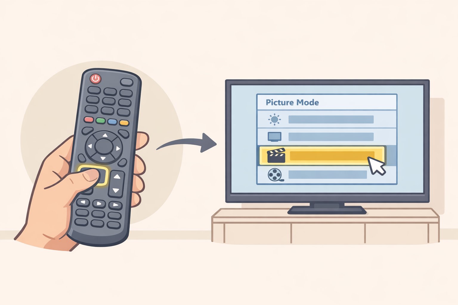Illustration of a TV on-screen menu with Picture Mode options, highlighting Filmmaker Mode (or Cinema/Movie) and a remote with the Settings/Home button
