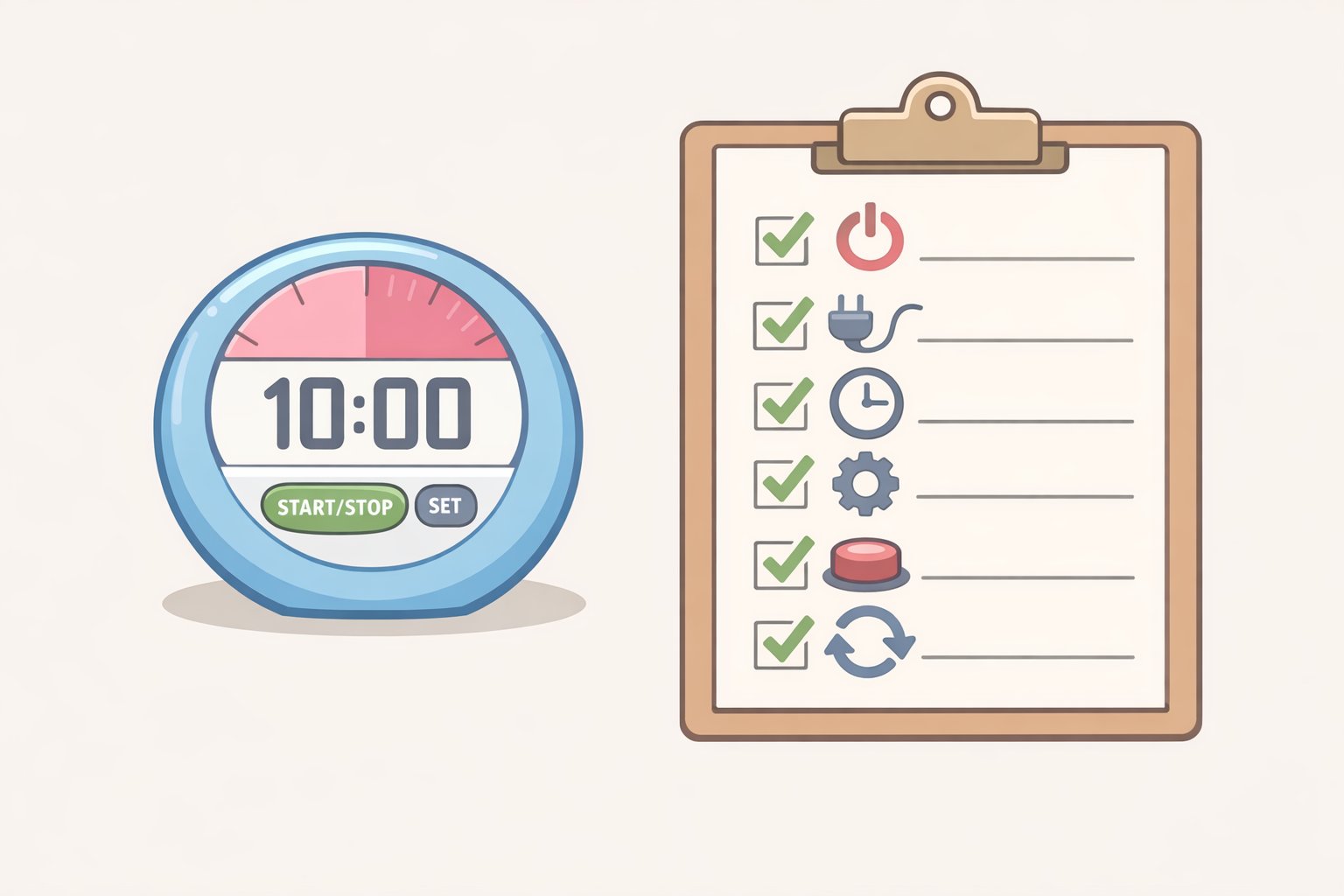 A visual 10 minute reset checklist showing Steps 1–6 for the 10 minute summer reset for busy moms, with a timer counting down