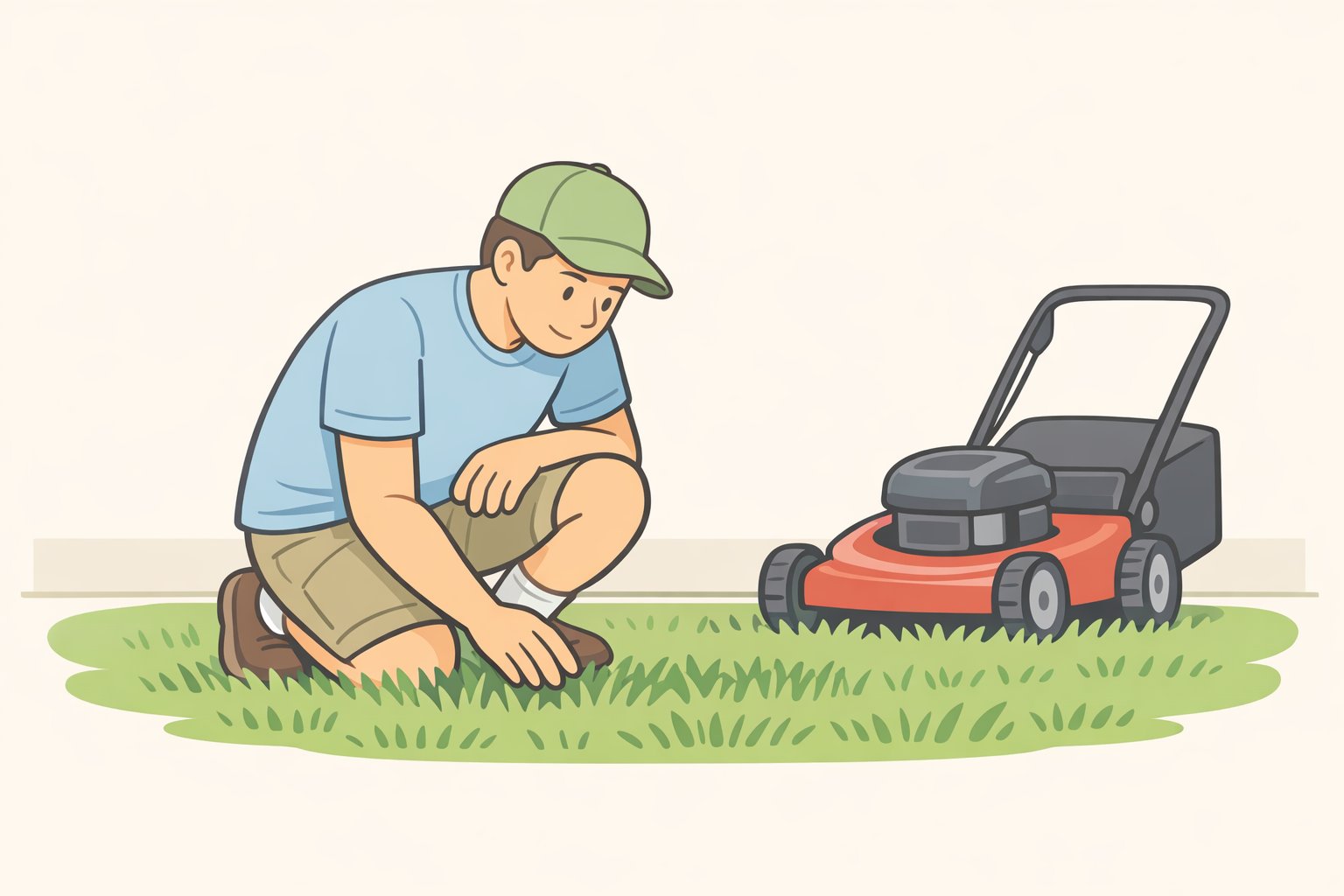 Illustration comparing wet early-morning grass with dry mid-morning grass after dew has cleared, highlighting the best time of day to cut grass