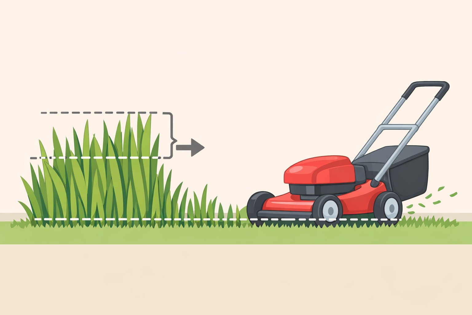 Illustration of the one-third rule on mowing height, showing grass blades trimmed to the high end of the recommended range without removing more than one-third in a pass