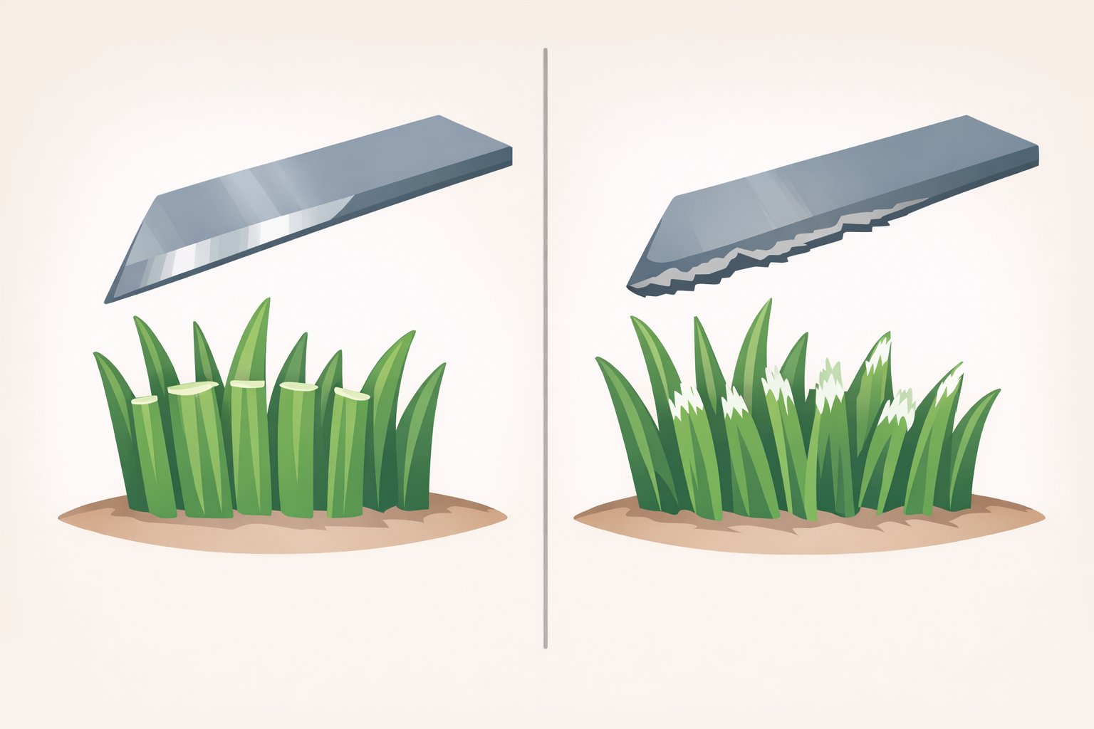 Illustration of close-up grass tips after mowing: ragged whitish ends from a dull blade versus crisp, cleanly cut tips from a sharp blade