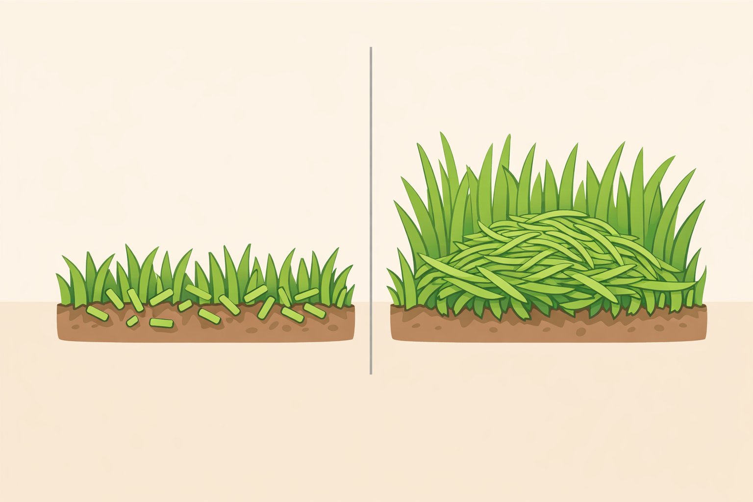 Illustration of a mower producing short clippings that break down between grass blades versus long clumps that block sunlight on an overgrown lawn