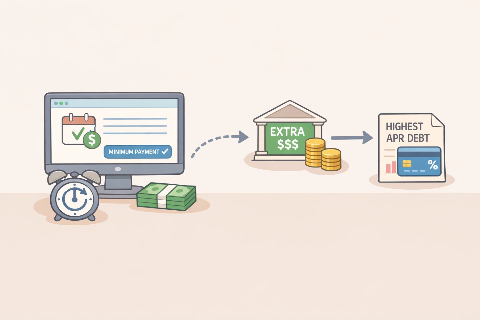 Screen-style illustration of autopay enabled for multiple debt accounts plus a separate scheduled transfer that routes extra payments to the current highest-APR balance