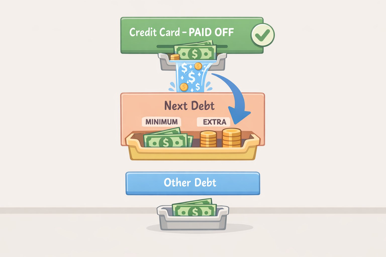 Illustration of the payoff “staircase” where a zeroed-out high-APR debt passes its full payment (minimum plus extra) to the next debt in the avalanche queue