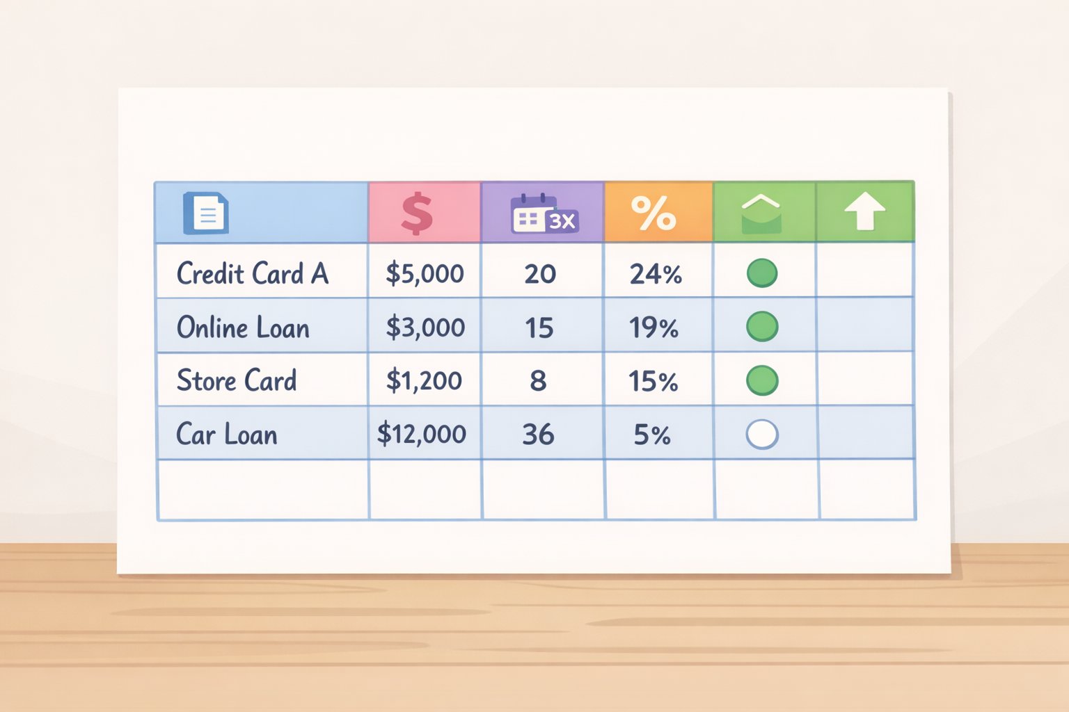 Debt avalanche method worksheet layout with columns for account name, balance, APR, minimum payment, payoff order queue, current status, and next action, sorted by highest APR first