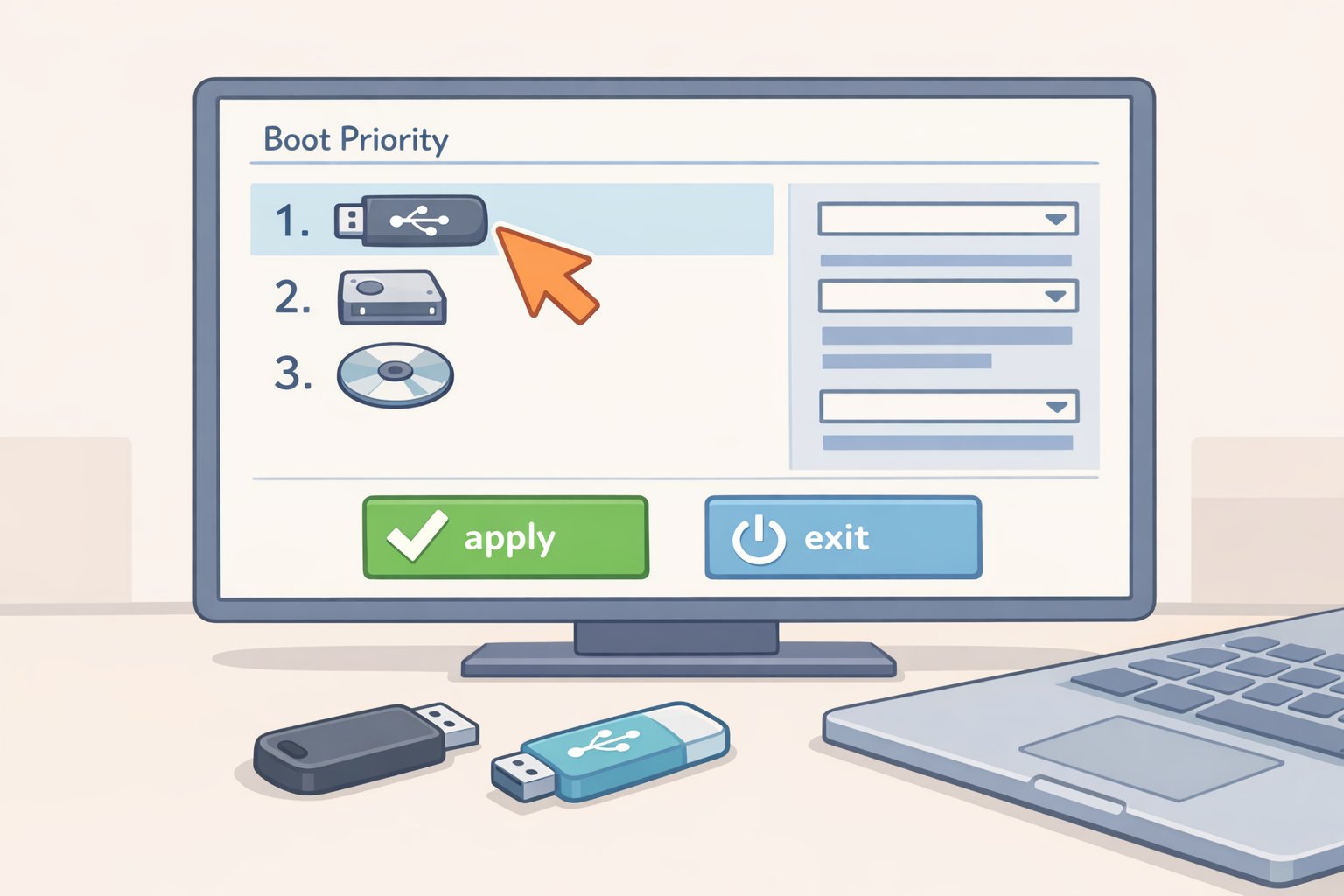 Illustration of a UEFI/BIOS screen where the USB drive is set as the first boot device
