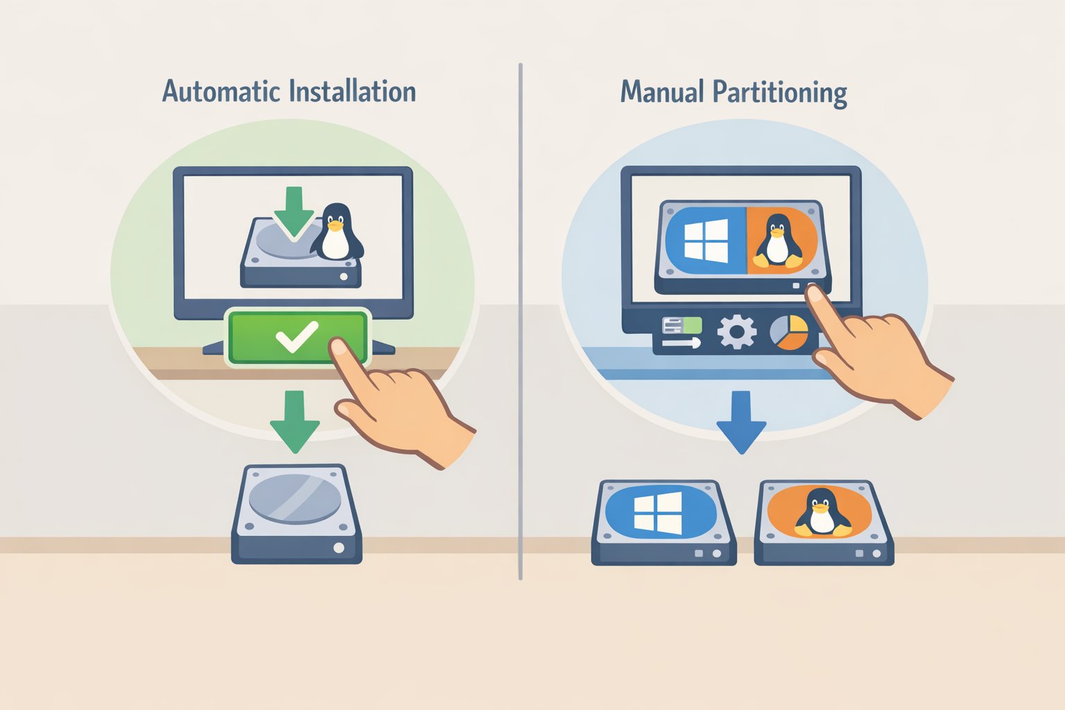 Illustration of the MX Linux installer disk partitioning screen showing Automatic Installation and Manual Partitioning options