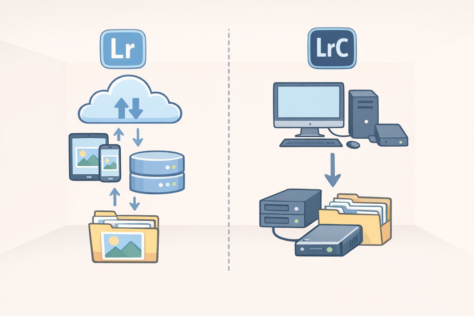 Diagram comparing Lightroom vs Lightroom Classic: Lightroom originals managed in Adobe cloud with automatic cross-device access, while Lightroom Classic originals are stored locally on a hard drive with opt-in cloud sync