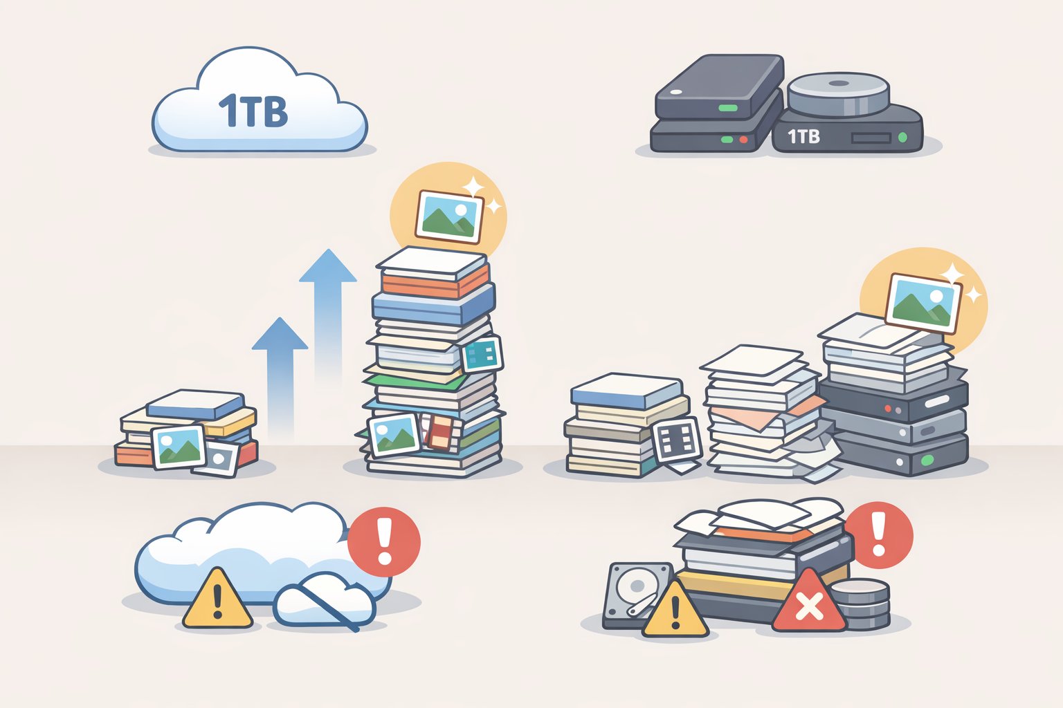 Chart-like illustration showing Lightroom's 1TB cloud storage limit growing beyond with AI-generated DNGs and large TIFF exports, compared with Lightroom Classic's local-drive backup scaling