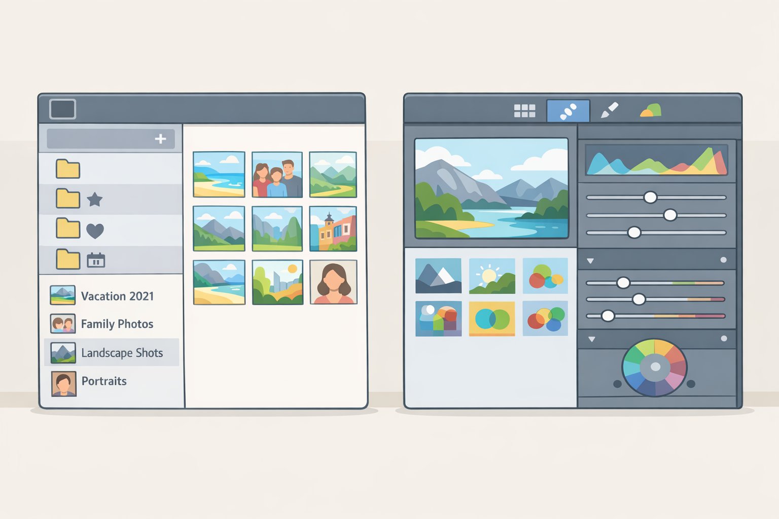 Illustration of Lightroom's two-panel Albums layout versus Lightroom Classic's module interface (Library, Develop, Map, Book, Print, Slideshow, Web)