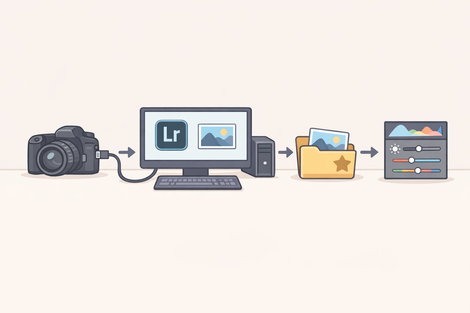 Screenshot-style illustration of Lightroom Classic tethered shooting with a camera connected to the computer and incoming images populating the desktop workflow