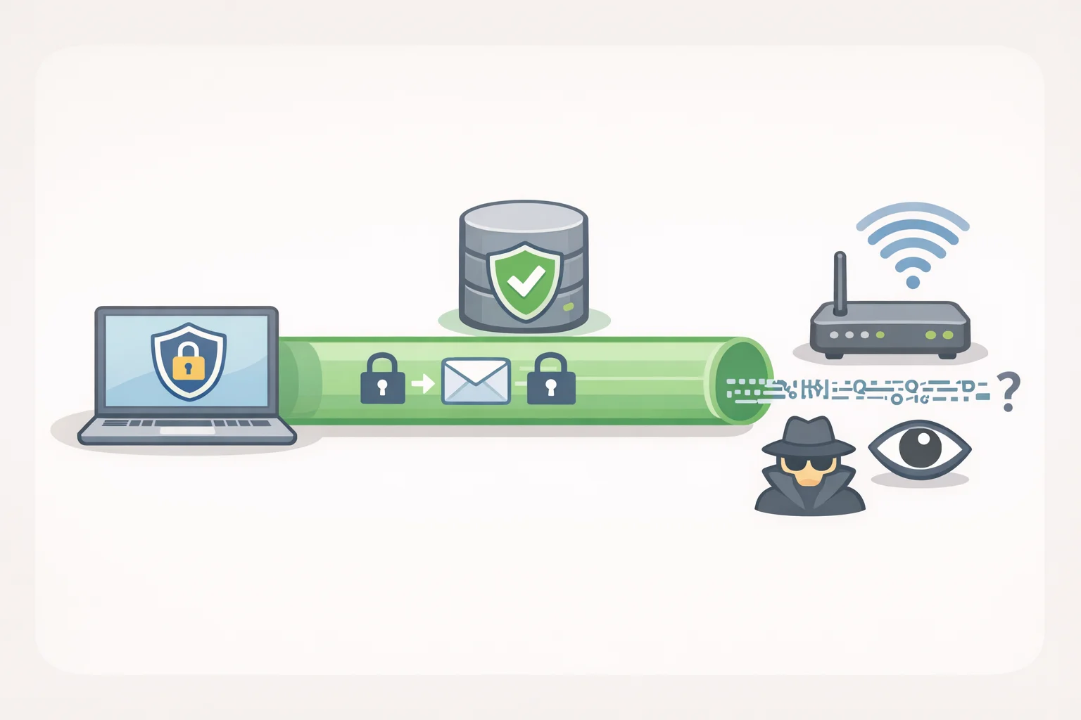 Illustration of when to use a VPN on public Wi-Fi, showing encrypted traffic traveling to a VPN server while a coffee shop network can only observe ciphertext
