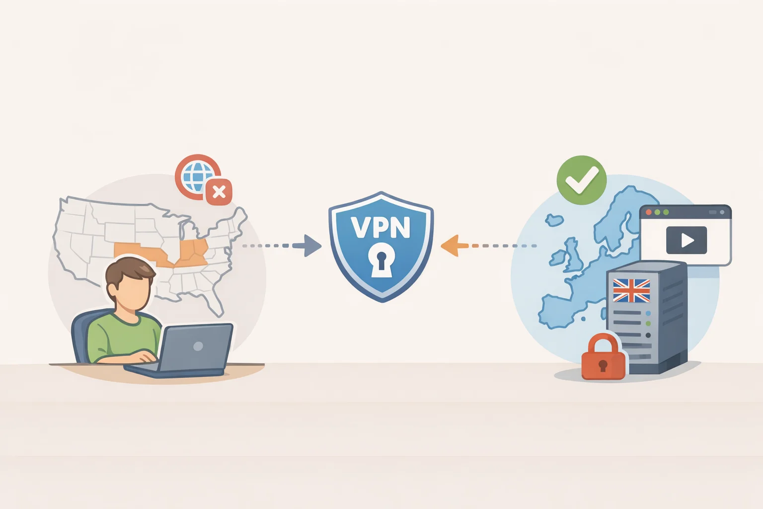 Map-style image showing a website blocking one region while a VPN connection routes through a different state so the service sees the VPN server location instead