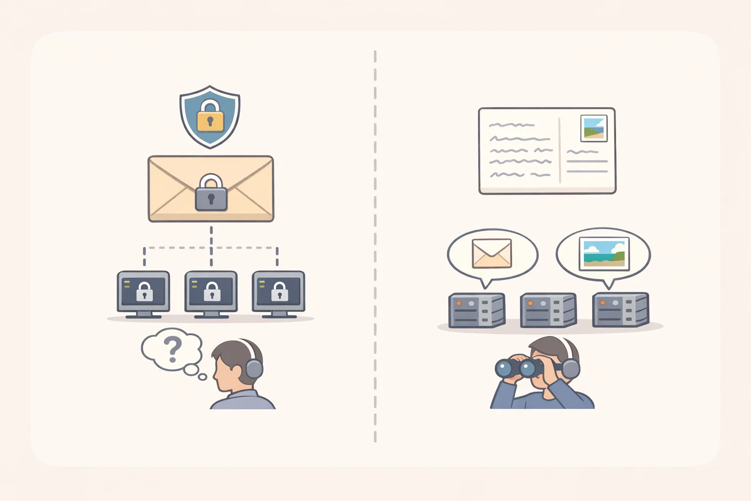 Diagram comparing standard email as a readable postcard to end-to-end encrypted email as a sealed envelope the email provider cannot open, illustrating the benefits of encrypted email