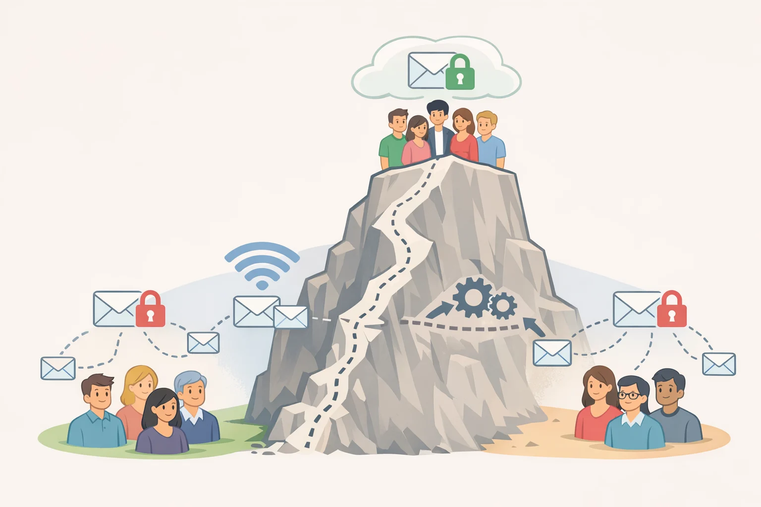Illustration of two overlapping user networks trying to reach each other with encrypted email, highlighting the ecosystem gap until interoperability and sufficient adoption are widespread
