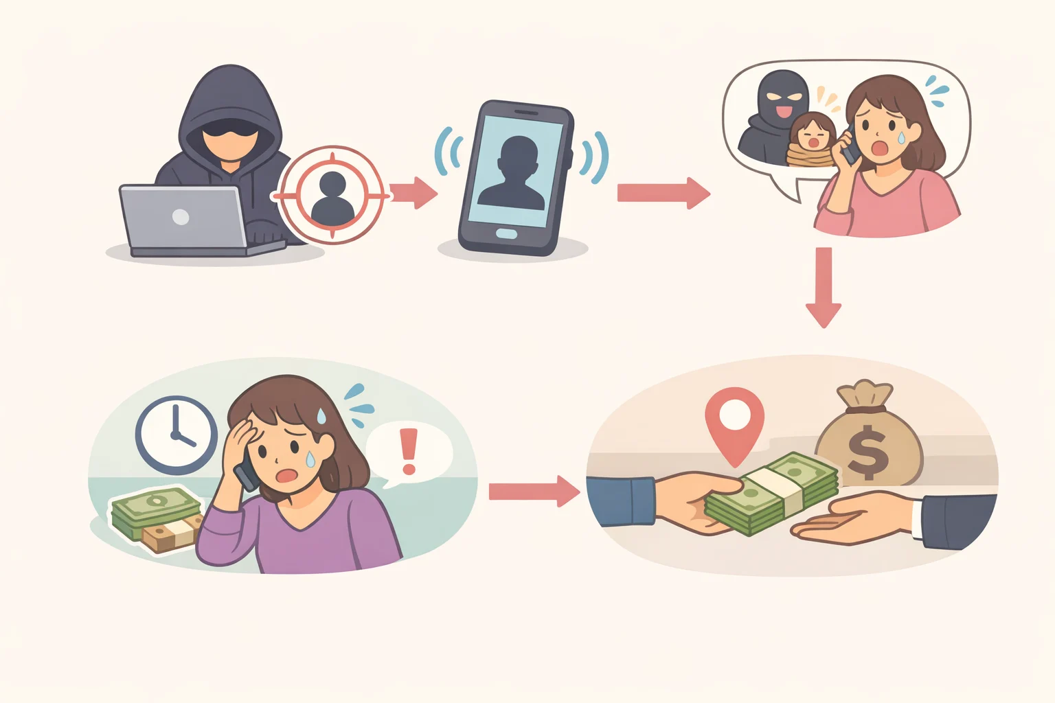 Flowchart illustrating the AI kidnapping scam step by step: selecting a target, acquiring voice samples, deploying fake distress audio, controlling the call, and collecting irreversible wire or crypto payment
