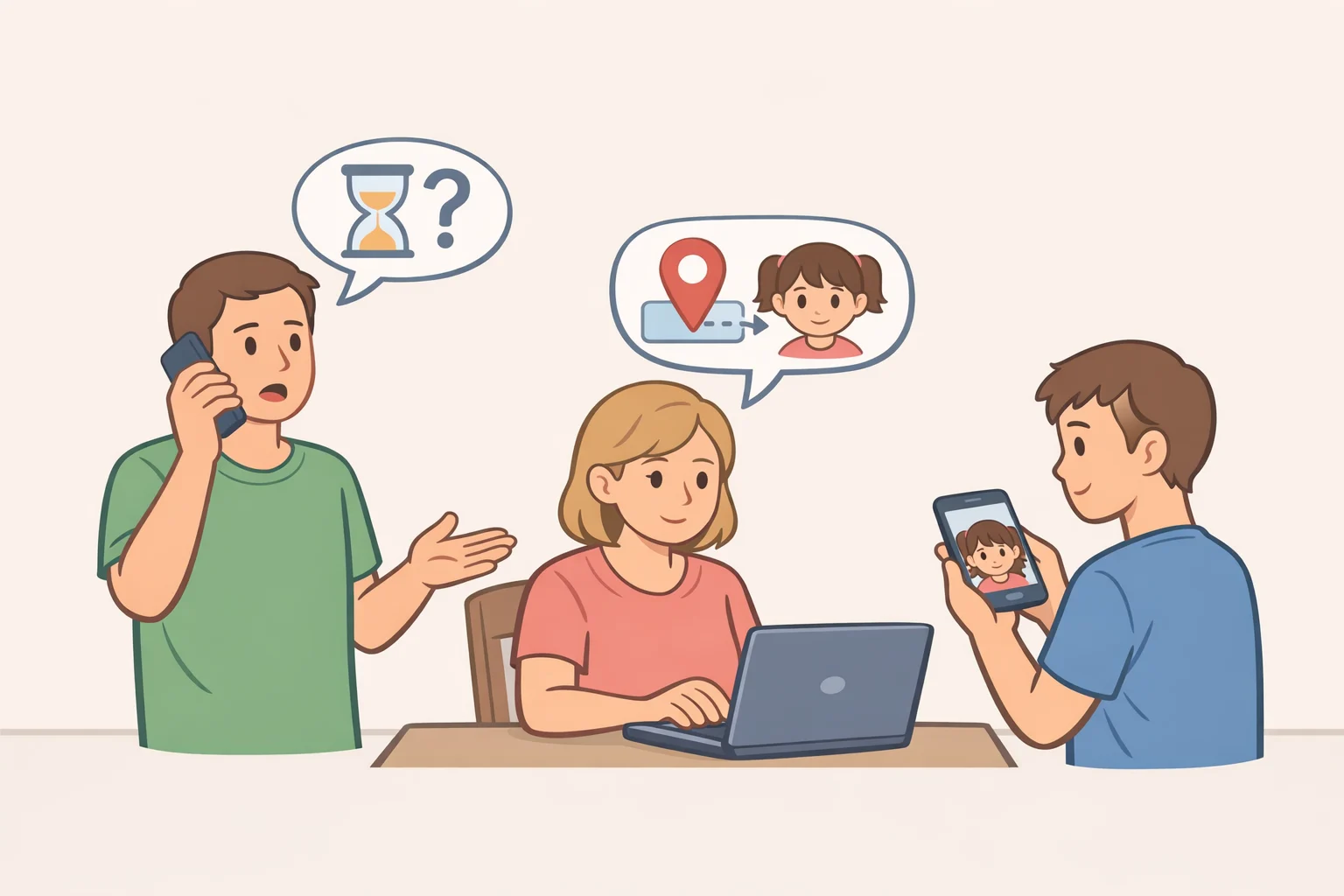 Illustration of a parent slowing down during an AI kidnapping scam call, writing down demands and using a second phone to contact the child for proof of life
