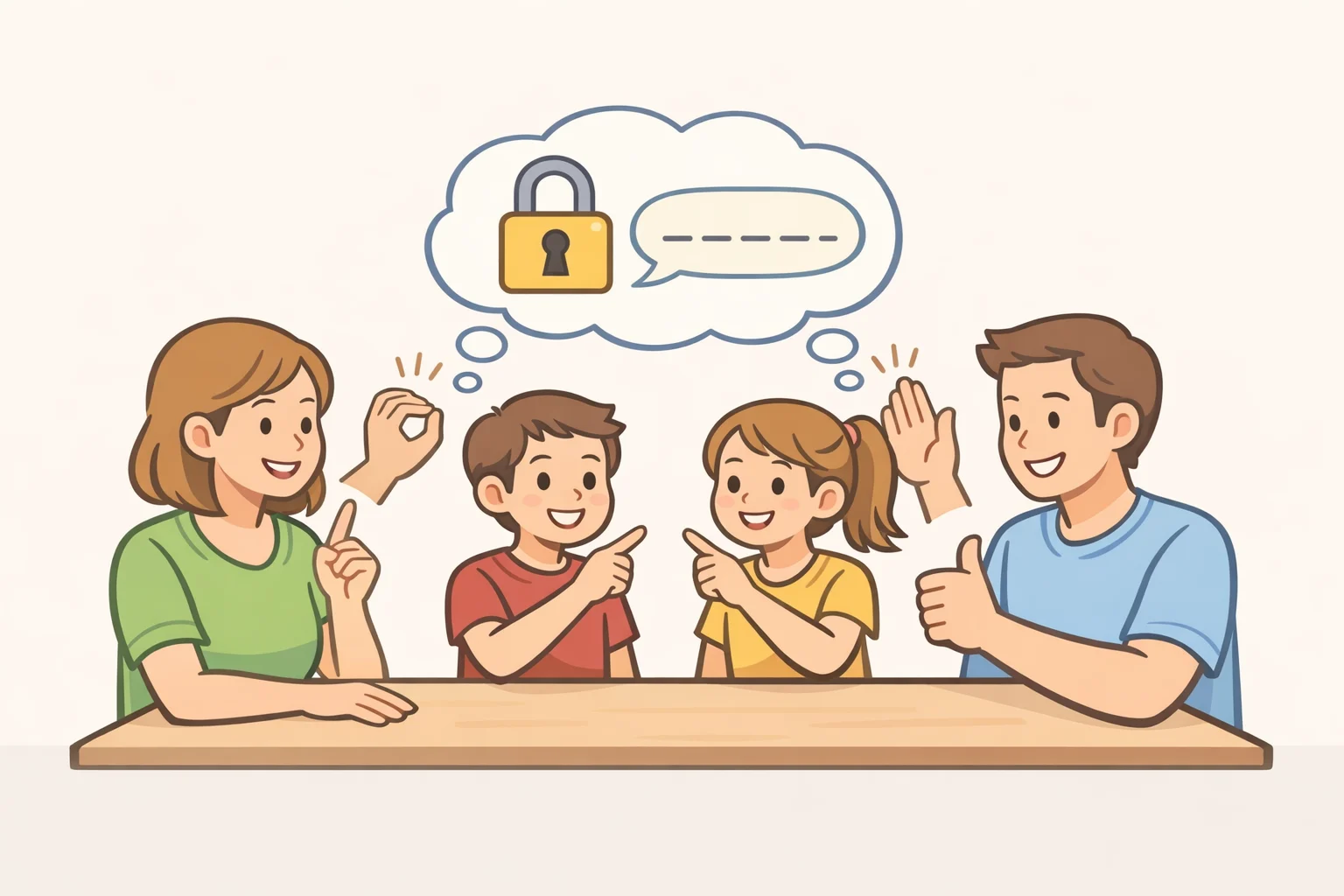 Family discussion scene where children and parents agree on an emergency safe word to confirm identity during a virtual kidnapping call