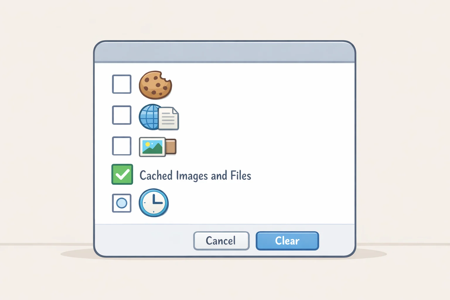 Illustration of browser delete browsing data options with 'Cached images and files' checked and 'Cookies and site data' unchecked, demonstrating how to clear browser cache without logging out