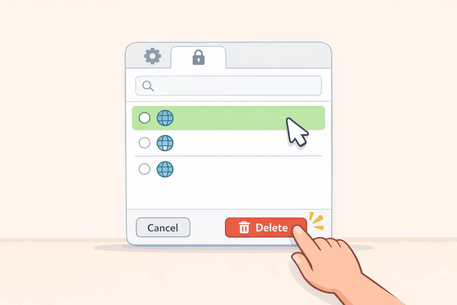 Illustration of a browser's site data management screen with a single domain selected and a Remove/Delete button to clear cached files for that site