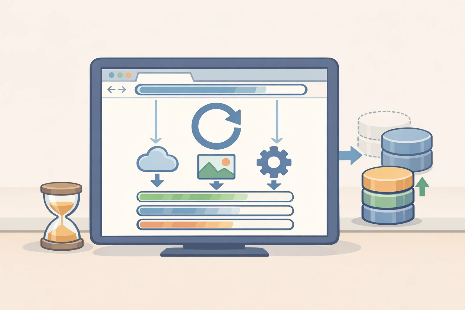 Illustration of a browser revisiting a site after cache clear with a first-load progress state and subsequent normal, faster loading