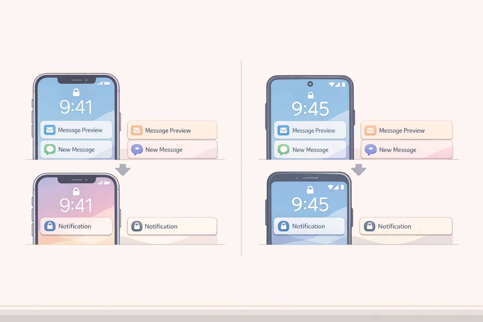 Illustration comparing iPhone Show Previews set to When Unlocked versus Never, and Android Notifications on lock screen with Show sensitive content toggled off to protect message previews