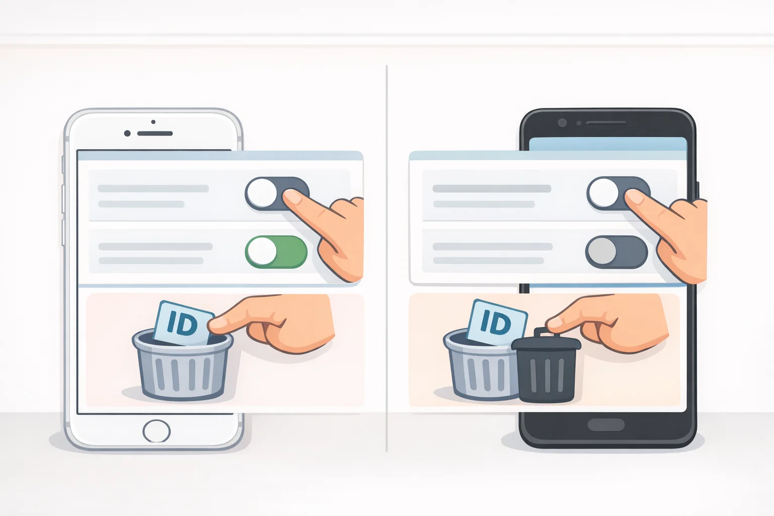 Illustration of privacy settings where the user turns off allow apps to request to track and taps Delete advertising ID, supporting phone privacy settings to turn off cross-app ad tracking