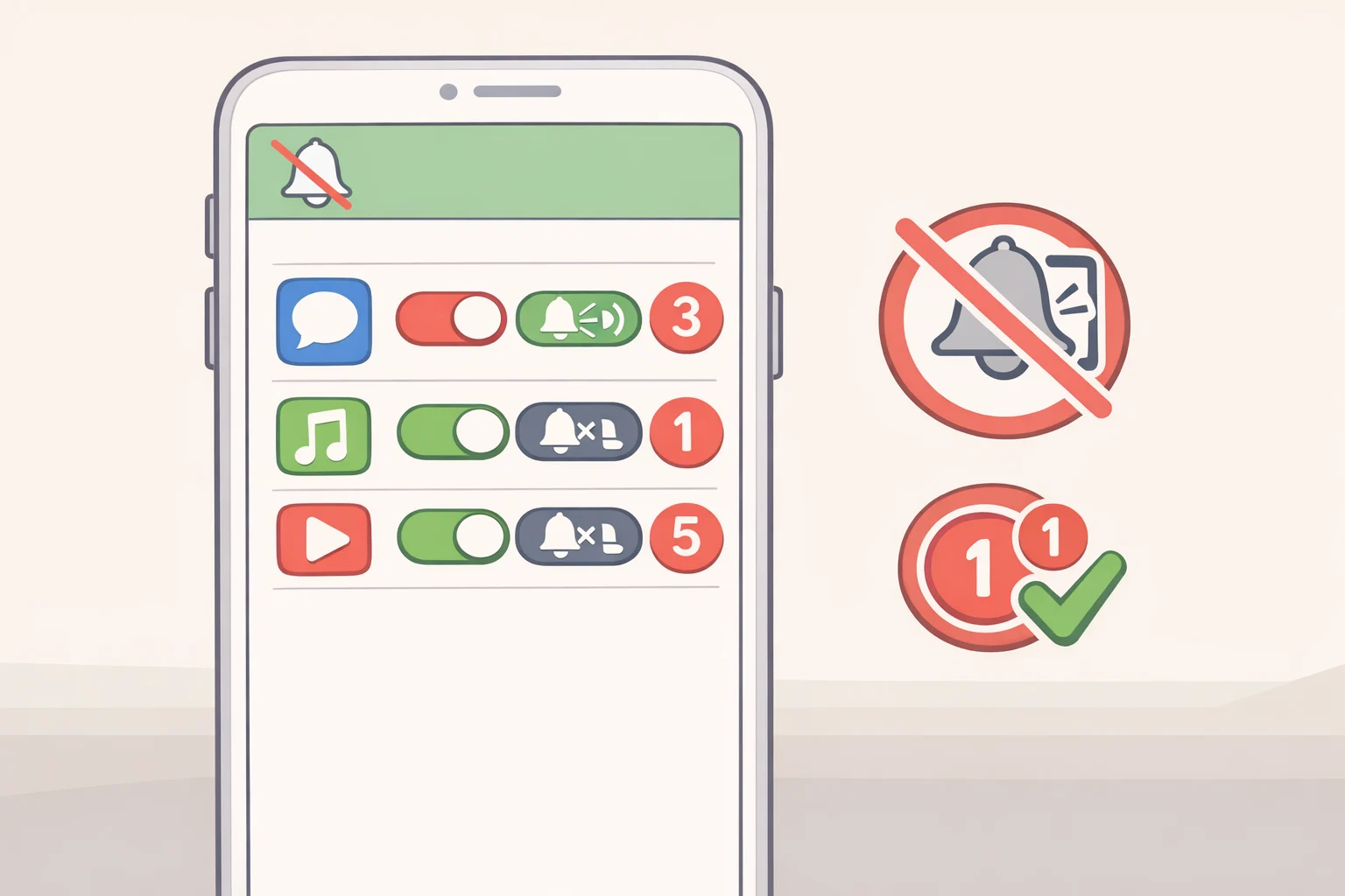 Illustration of a notifications settings screen where the user disables alerts for games and news apps while leaving badge counts enabled for messaging apps
