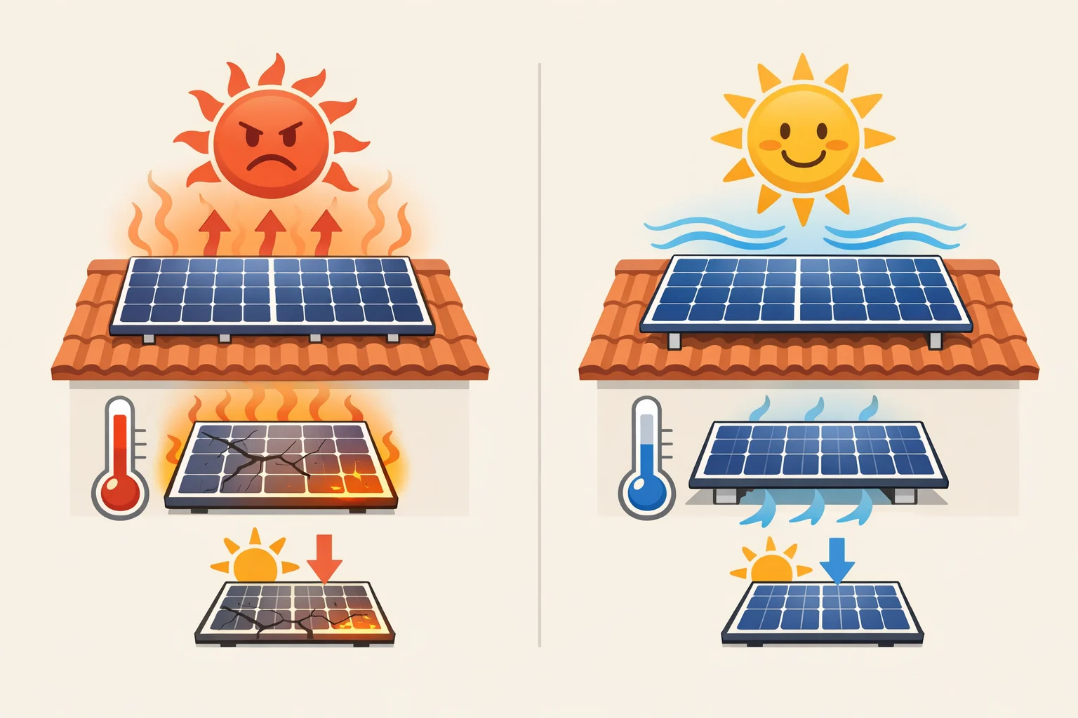Illustration comparing a tightly mounted rooftop solar panel that traps heat with a more ventilated setup, showing higher operating temperatures leading to faster degradation over time