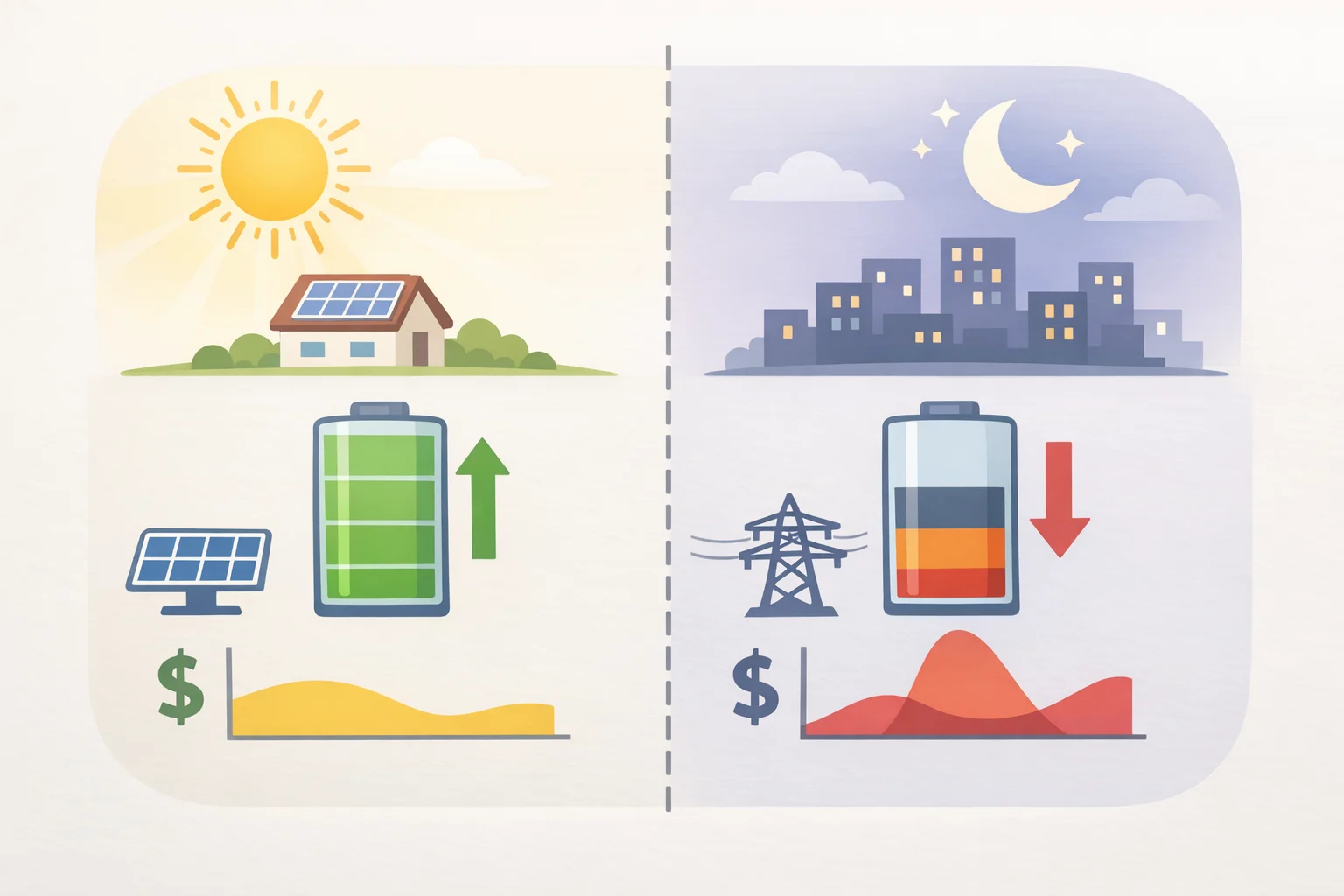 Illustration of a solar-plus-battery system charging from midday solar and discharging in the evening, matching low export revenue and high grid electricity prices with a time-of-use price curve