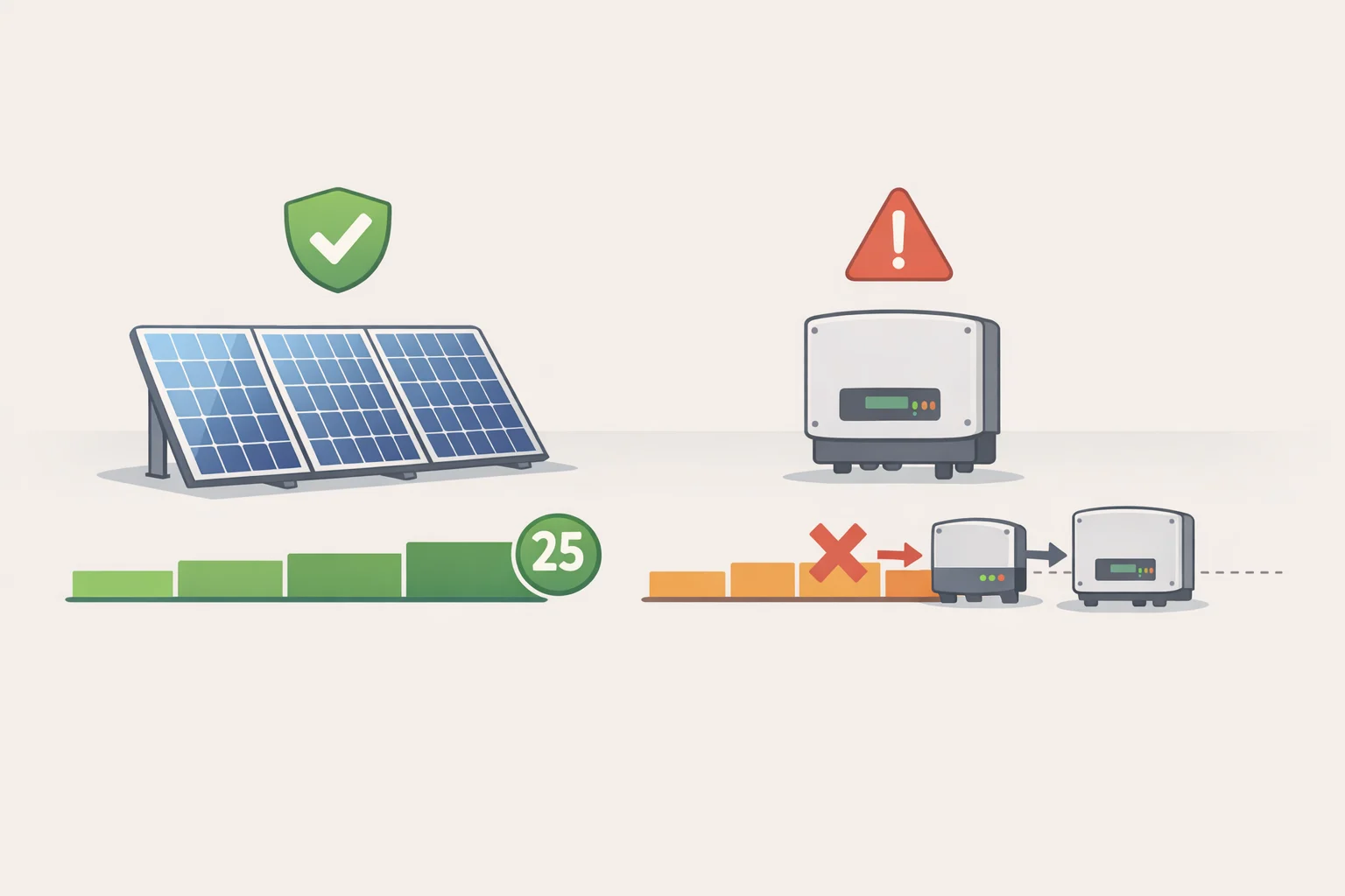 Illustration of a solar system bill of materials with panels covered by a long warranty and inverters highlighted for a shorter term requiring replacement during a 25-year project