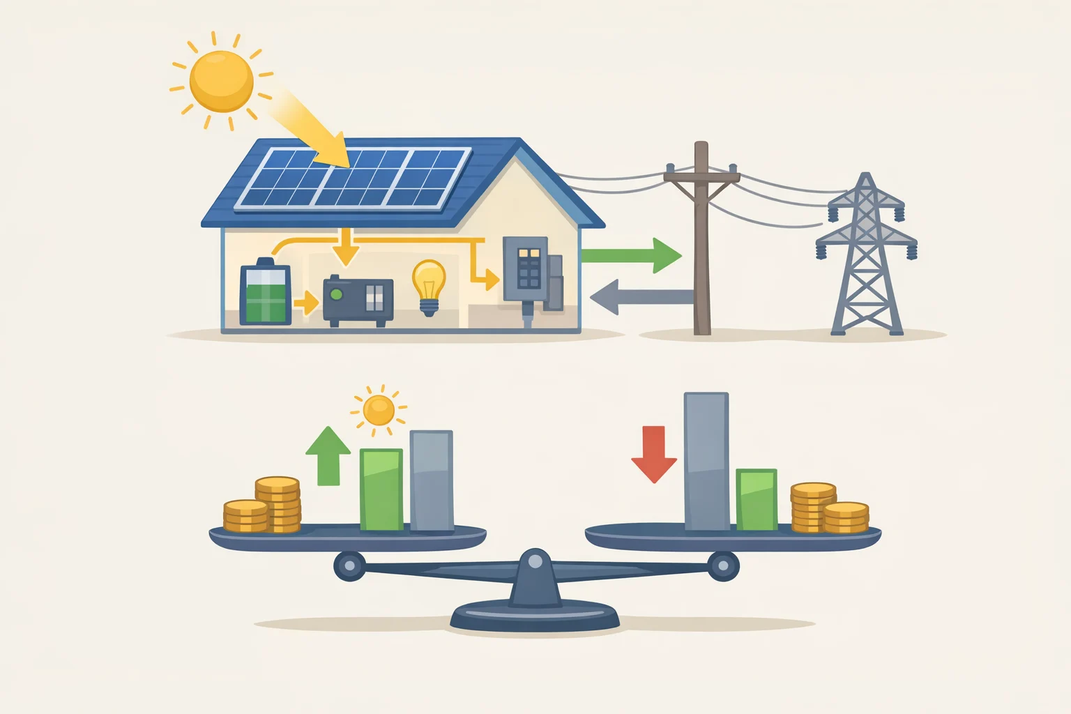 Illustration of rooftop solar exporting electricity back to the utility grid, showing how reverse power flow can increase distribution costs and affect household electricity billshelpful for understanding home solar myths in 2026