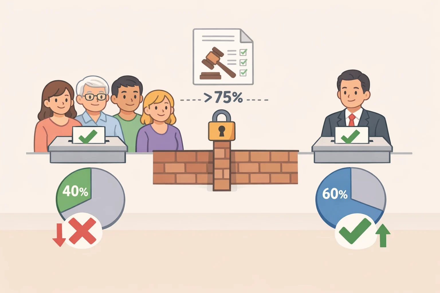 Diagram showing Texas shareholder-proposal voting thresholds versus SpaceX public shareholders' expected voting power, with a callout that disputes are routed to Texas Business Court and jury trials are waived in internal disputes.