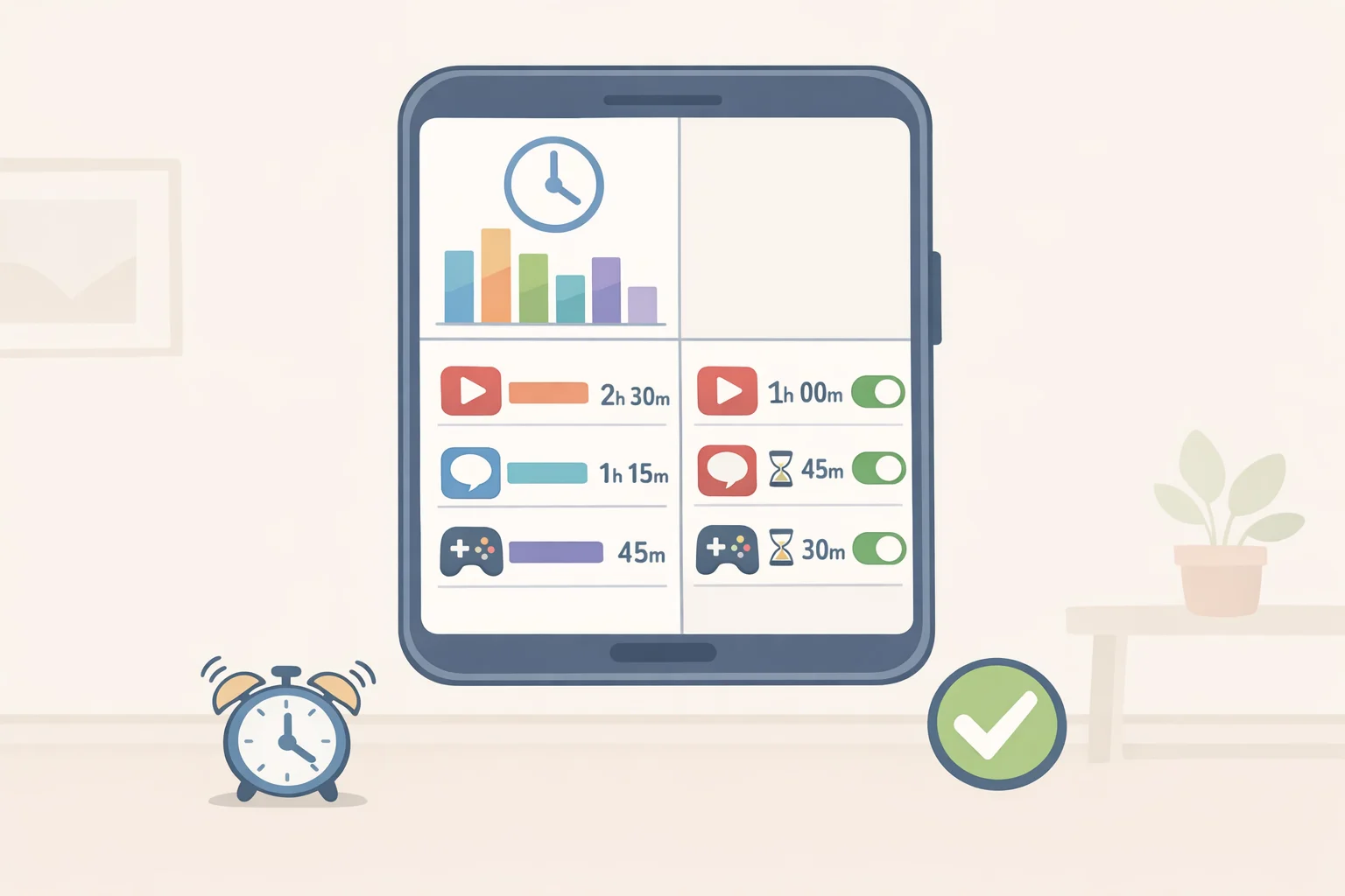 A screenshot-style illustration of how to go analog in 2026 by opening a phone screen-time report and setting strict daily app limits