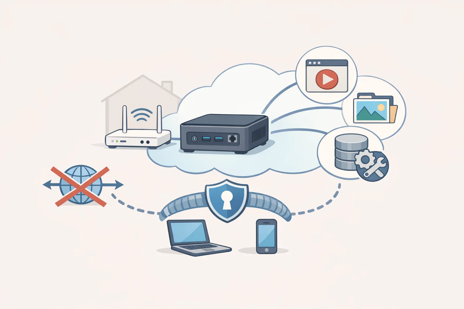 Illustration of a home mini PC hosting Vaultwarden and Immich on a private network, with remote access routed through WireGuard or Tailscale