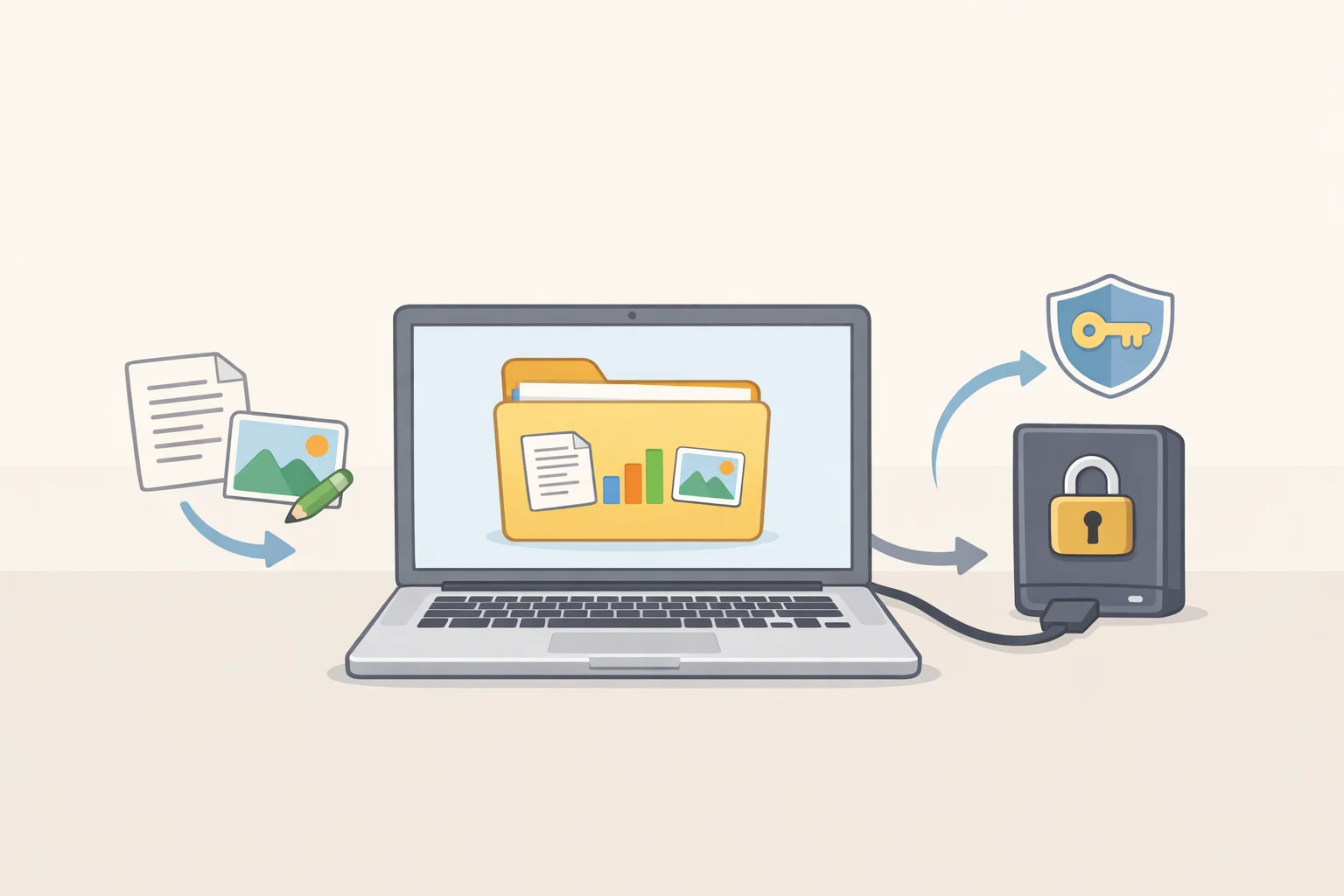 Illustration of a local work folder on a laptop alongside an encrypted external backup drive with offline documents and PDFs