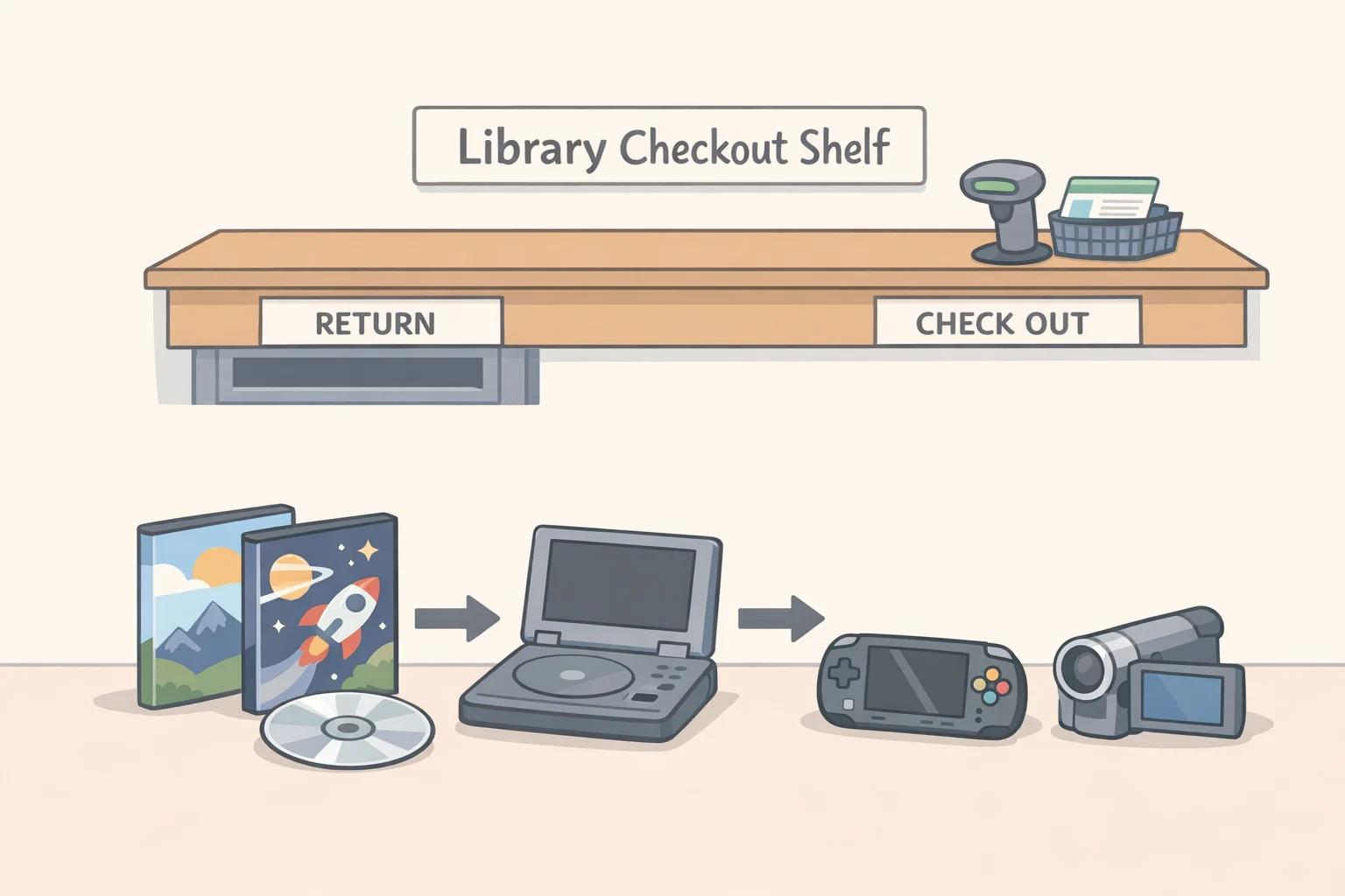 Illustration of a person checking out DVDs from a library and placing them on a living-room shelf for offline viewing