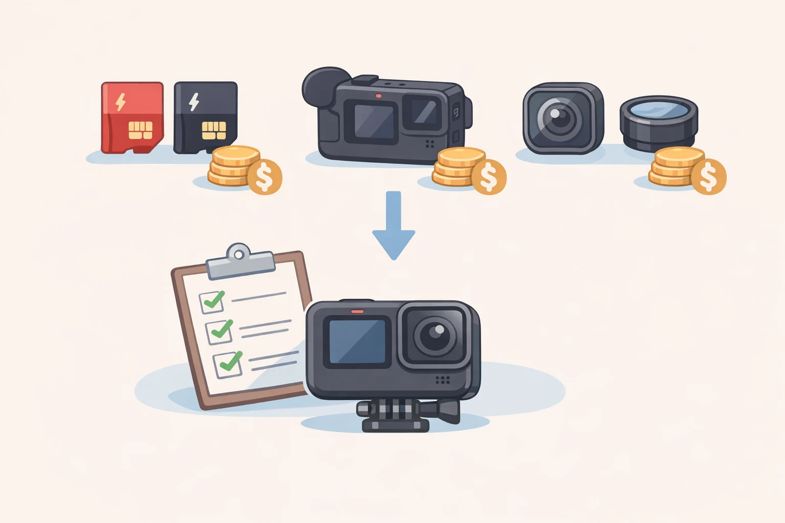 Budgeting checklist graphic for MicroSD cards, Media Mod audio accessory, and Hero 13 lens mods, showing how total costs add up beyond the camera body