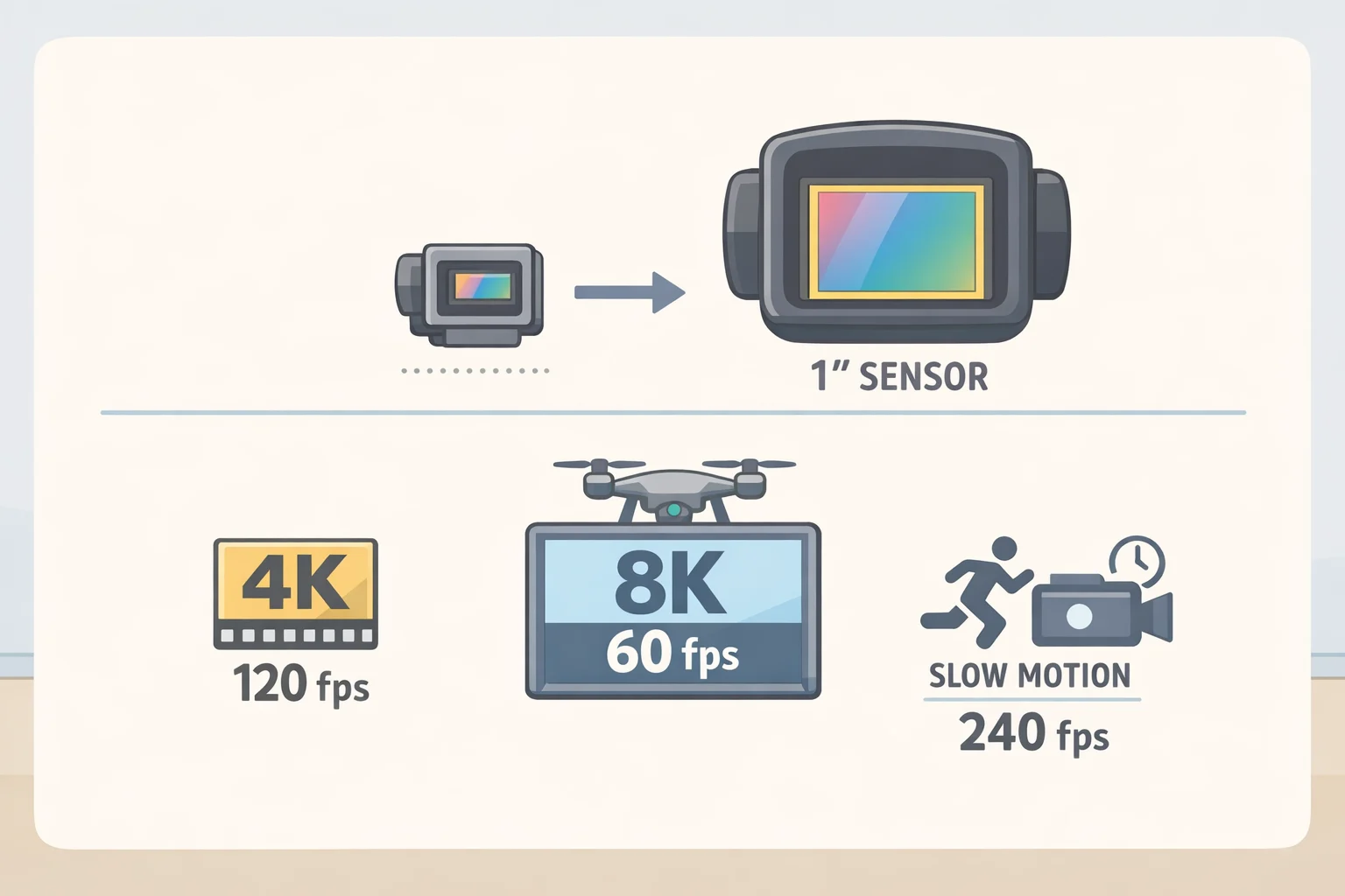 Diagram highlighting the Mission 1 Pro’s 1-inch 50MP sensor, 8K/60fps and 4K/240fps capabilities, and burst slow-mo mode that turns 10 seconds into over five minutes of playback