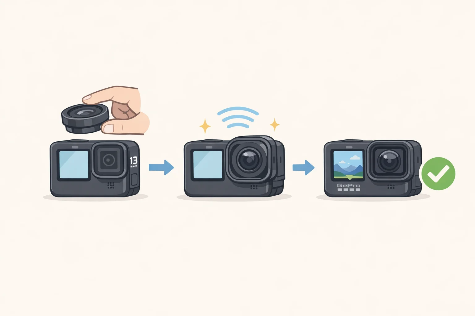 Close-up of a GoPro Hero 13 Black with modular lens mods (Ultra Wide, Macro, Anamorphic) snapped on and recognized by the camera, capturing the upgrade path that makes it the best GoPro for 2026 for most people