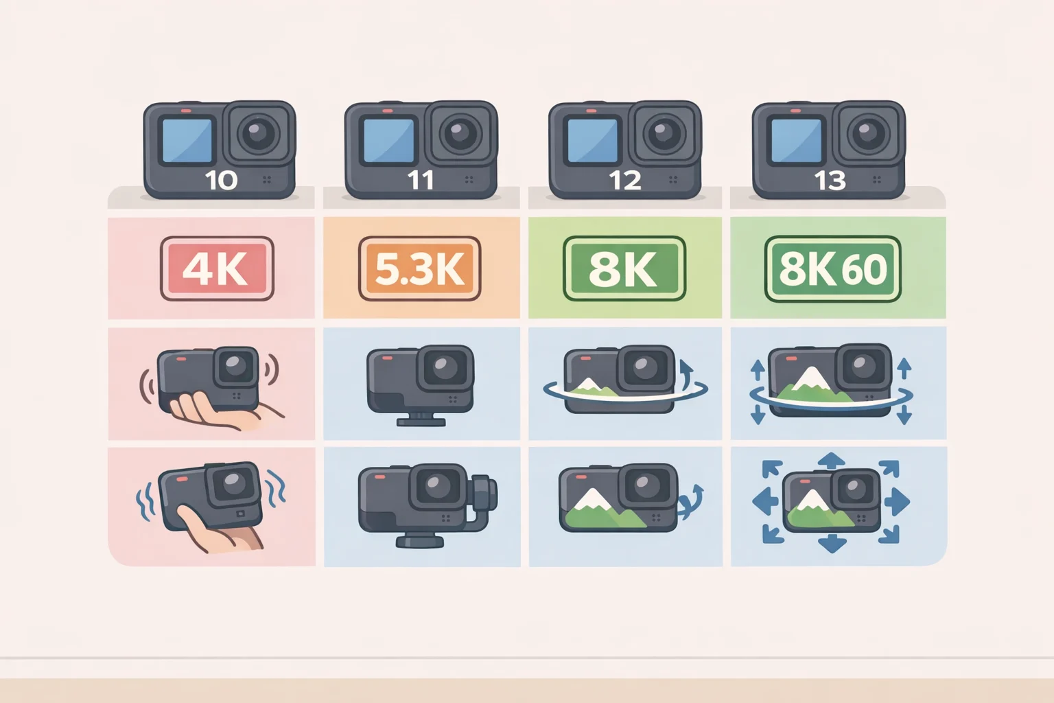 Comparison infographic showing how the Hero 10 to Hero 13 Black share similar 5K/5.3K video performance and incremental stabilization changes, reinforcing why generational labels can be misleading