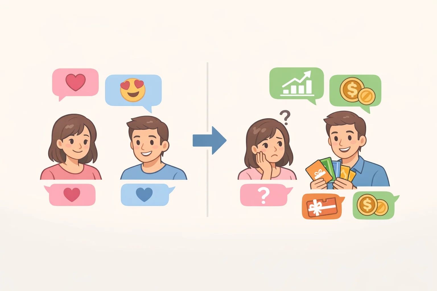 Illustration of an AI-enhanced romance scam conversation that transitions from flattering messages to a demand for money via cryptocurrency or gift cards