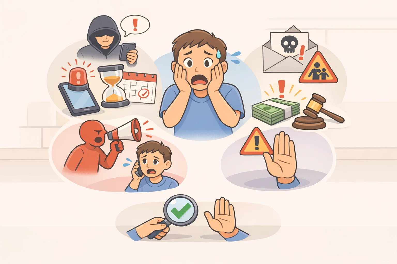 Illustration of key AI scam red flagsurgency, secrecy, unusual payment methods, and being told to lie about a paymentshowing how to spot AI scams by the pressure being applied