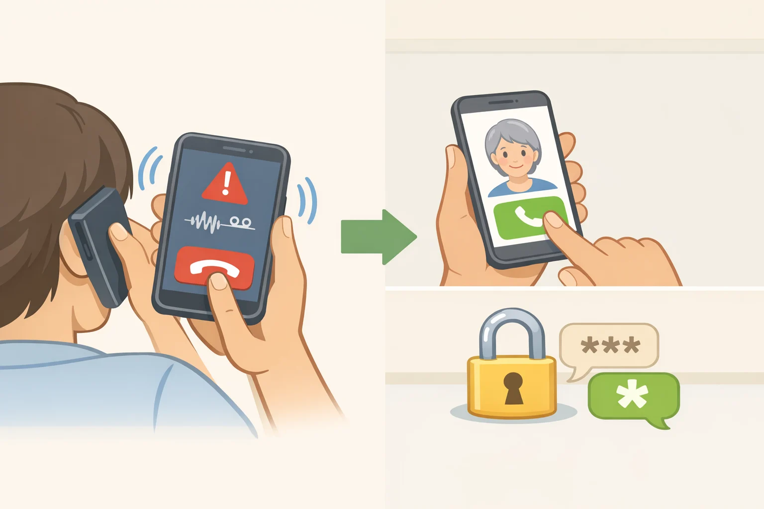 Illustration of an emergency voice-cloning scam phone call, with the victim hanging up and verifying identity by calling the family member on a saved number