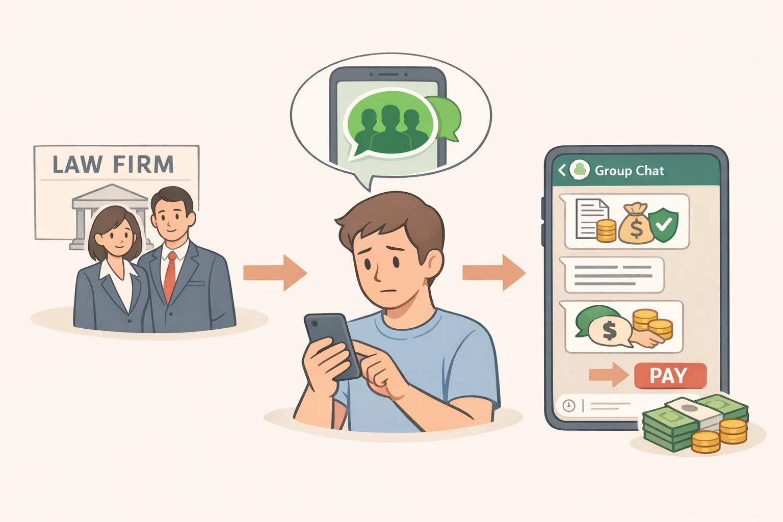 Illustration of a messaging-app recovery scam where a fake law firm moves the victim into a private group chat and requests crypto or gift-card fees to 'release' funds