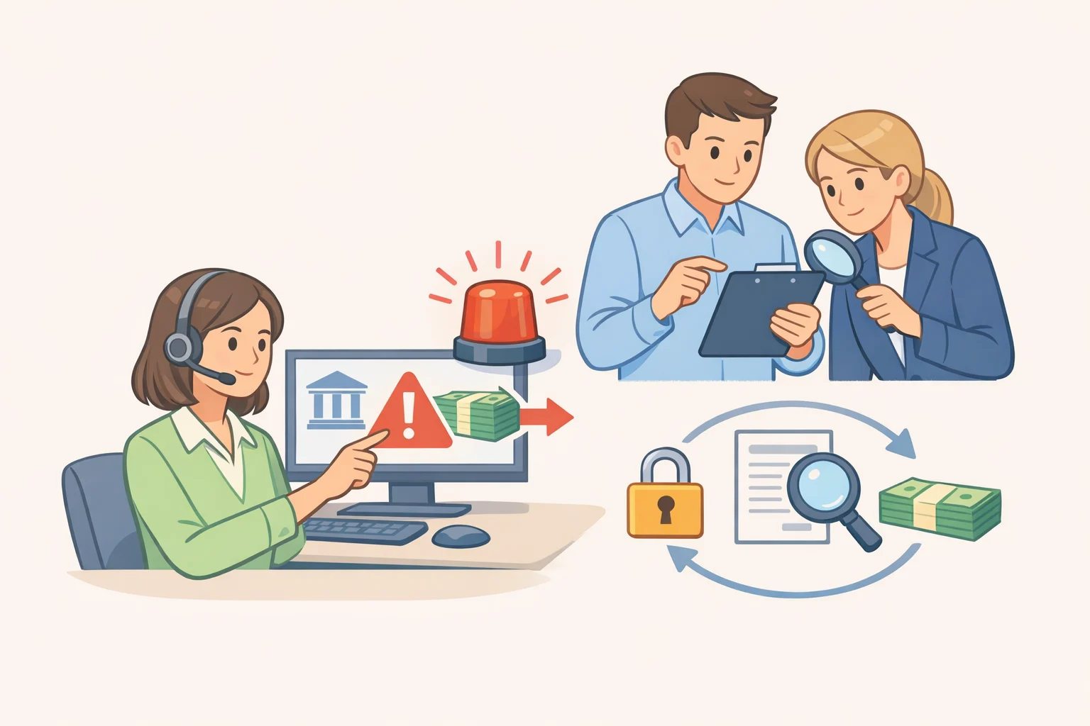 Illustration of bank staff recognizing elder financial abuse warning signs like a large wire transfer or bulk gift card purchases and initiating a follow-up process with trusted-contact alerts