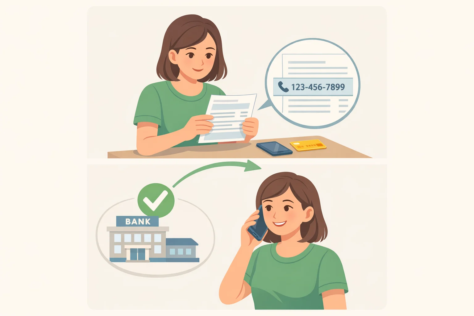 Illustration of an older adult verifying a caller by using the number on the back of a credit card or an official website found through direct search, not the contact details provided by the scammer